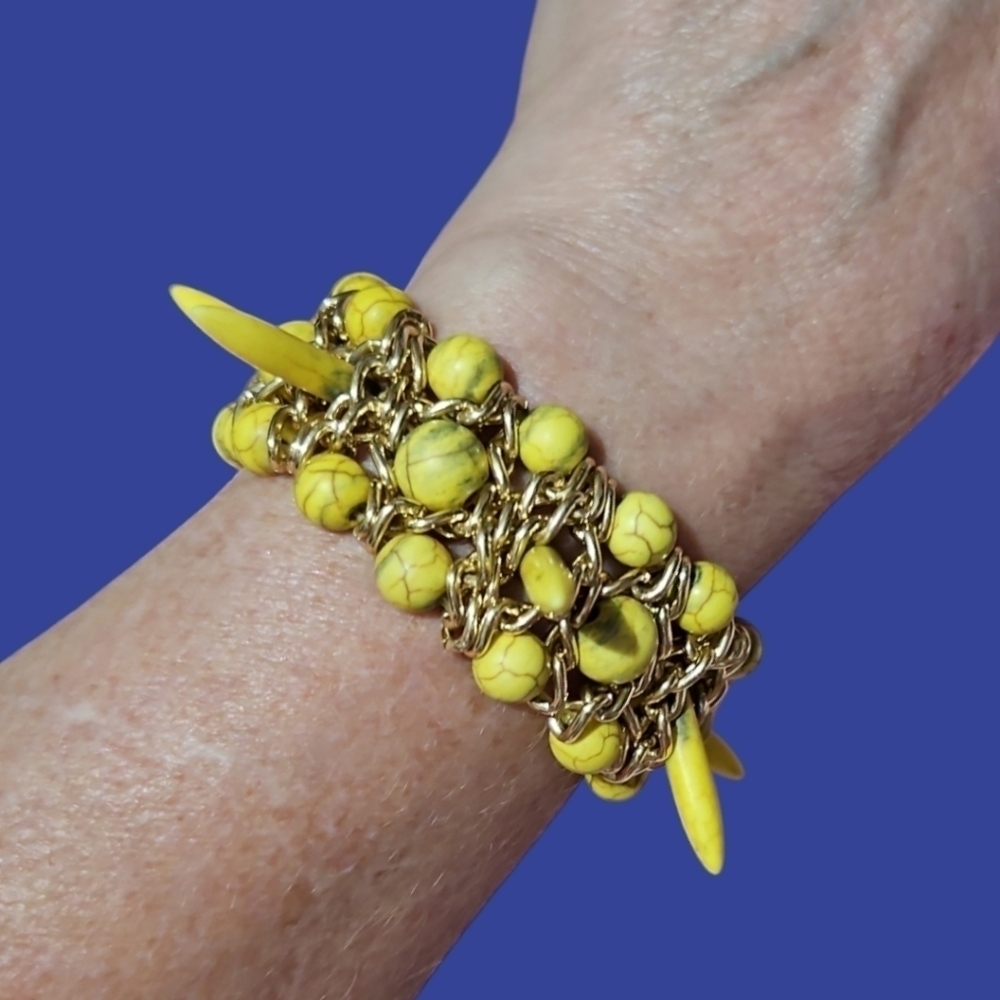 Yellow Howlite Beaded Woven Chain Chunky Spike Castlecore Stretch Bracelet